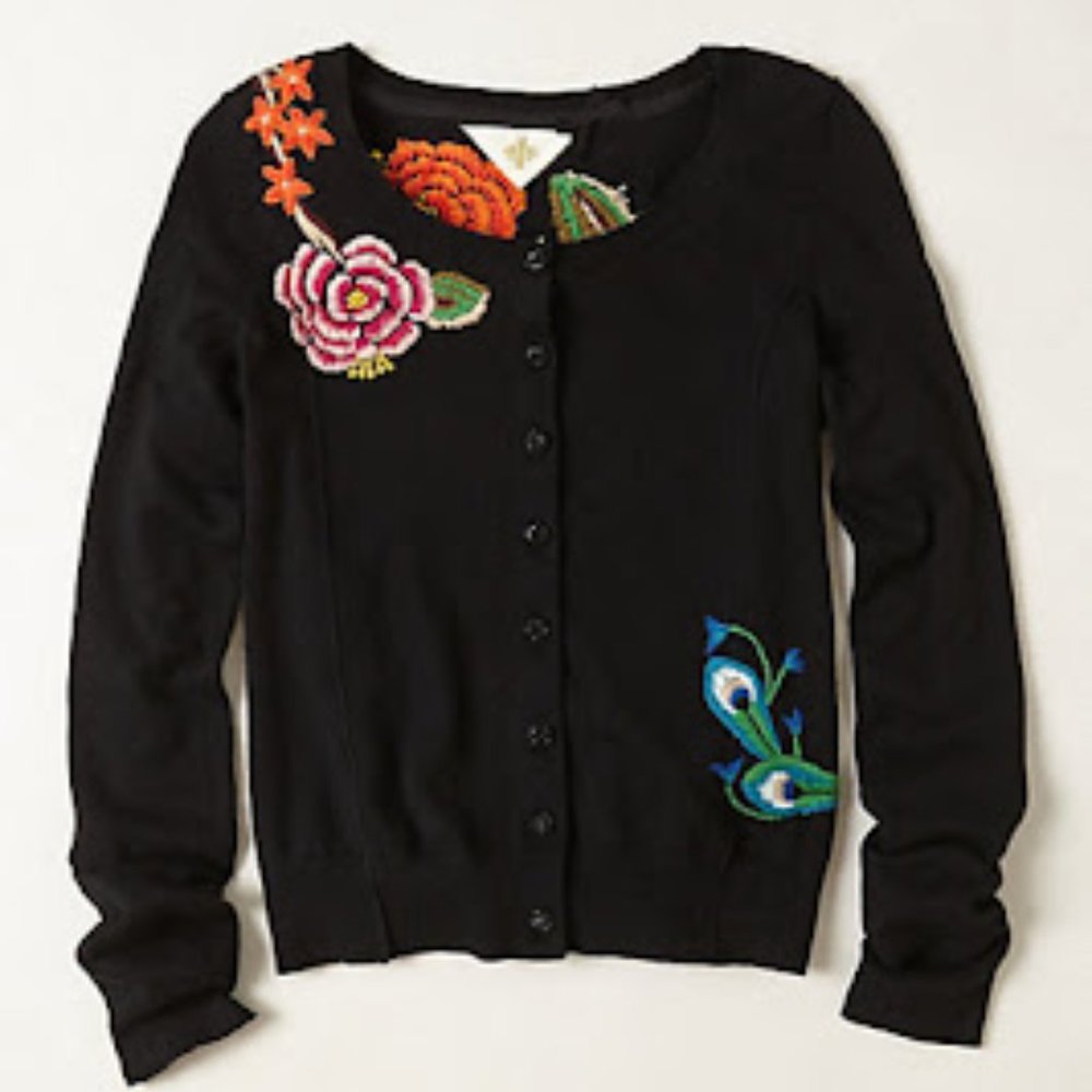 HWR Anthropologie Peacock Embroidery Cardigan Sweater XS RARE - Picture 2 of 3